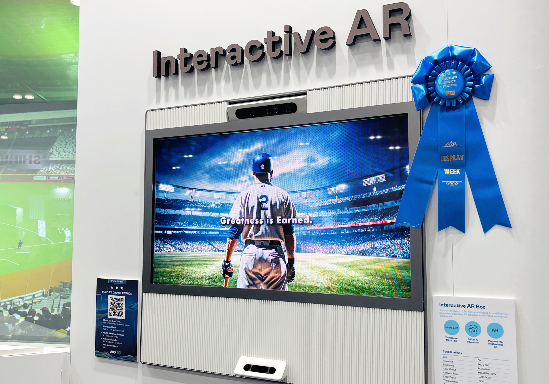 AUO&rsquo;s 30-inch Interactive AR Box integrates transparent Micro LED displays with augmented reality technologies and real-time sensing, enabling virtual content to be naturally presented and interacted with in physical environments, and was recognized with the SID People&rsquo;s Choice Award in the Best AR/VR category.